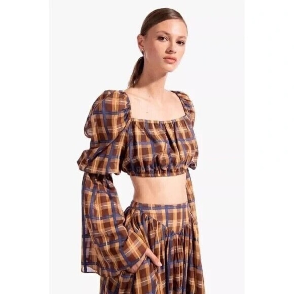 Staud Elena Mocha Brown Plaid Cropped Puff Sleeve Top, Size Small
